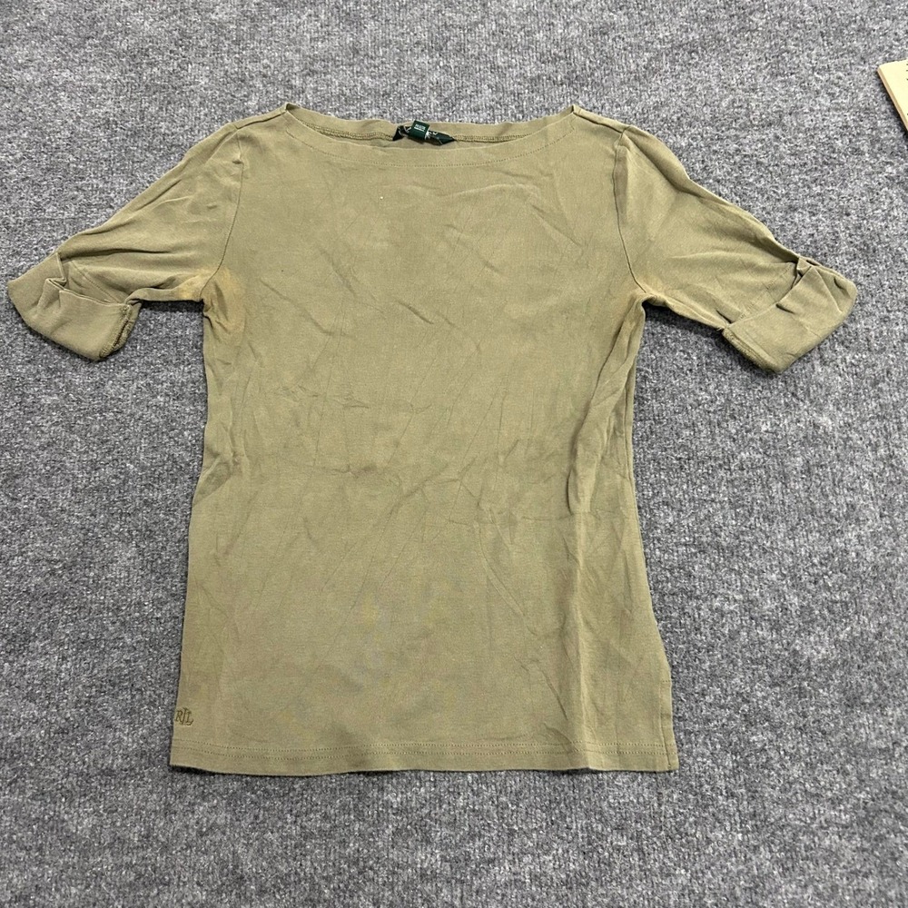 Lauren Ralph Lauren Top Womens Size S Olive Green Cotton Boat Neck Cuffed Sleeve